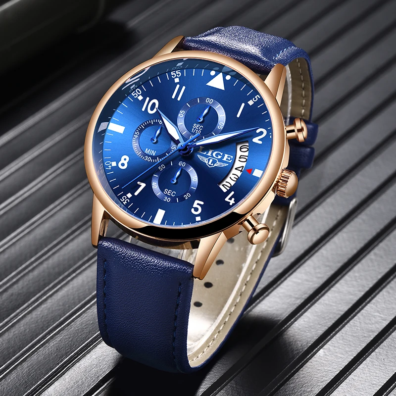 

LIGE Men Watches Sport Waterproof Leather Strap Quartz Watch Male Chronograph Military Clock Blue Wrist watch Relogio Masculino