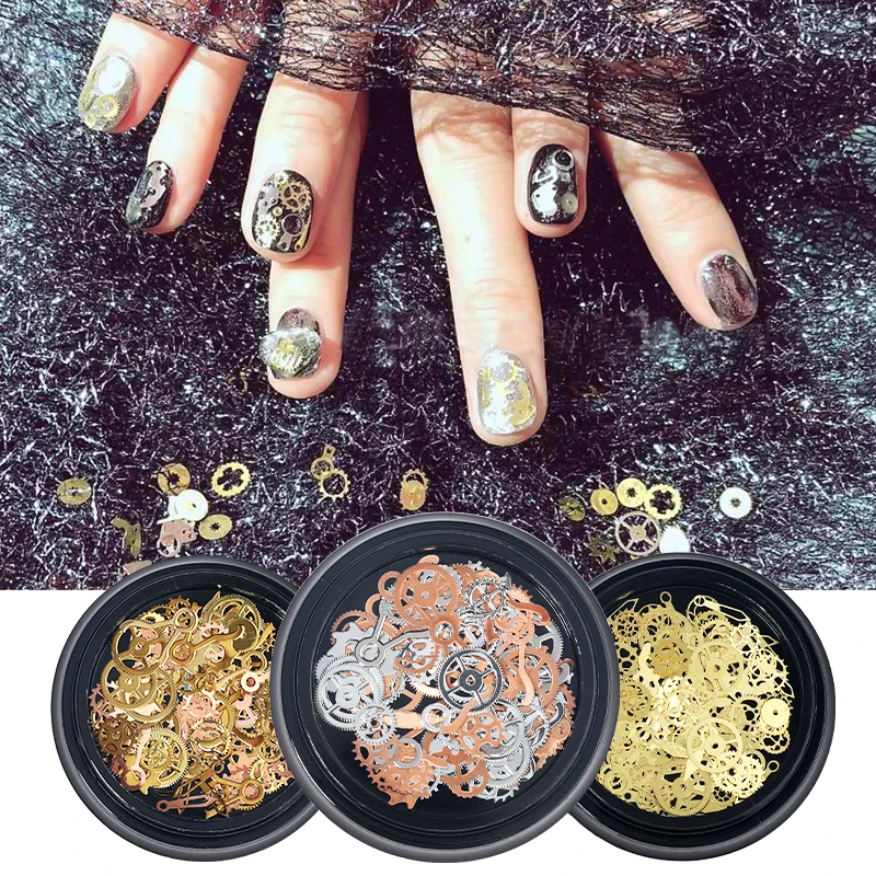 1 Box Steampunk Nail Art Mini Ultra-thin Alloy Gear Gold Silver Patch Mixed 3D Metal Rivets DIY Nail Art Decoration Accessories
