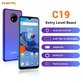 

OUKITEL C19 6.49'' HD +2GB 16GB Quad Cameras Smartphone MTK6737 Octa Core Android 10.0 Mobile Phone 4000mAh 256GB