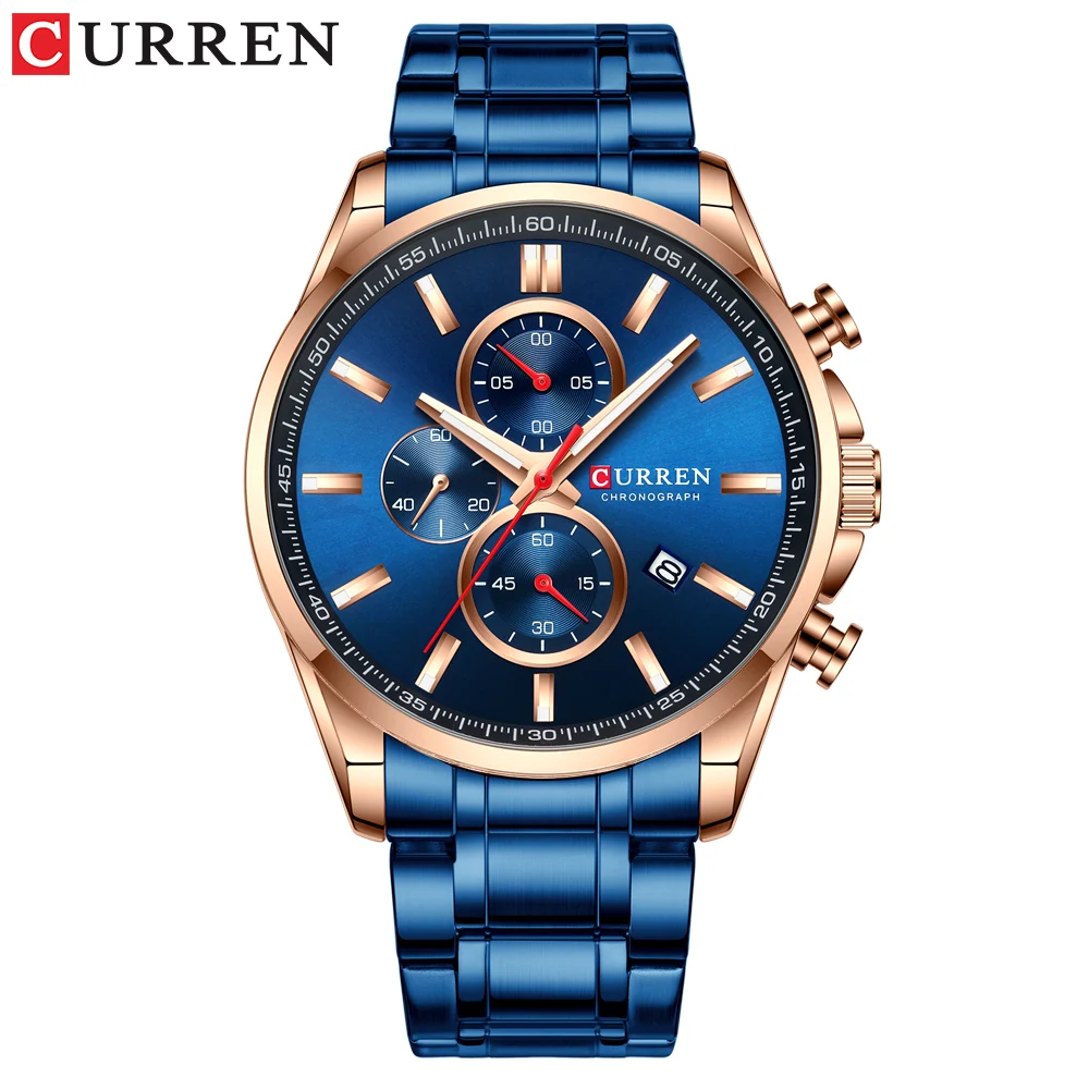 CURREN Мужские часы, повседневные спортивные часы, Топ люксовый бренд, синие полностью Стальные кварцевые наручные часы с хронографом, военные мужские часы