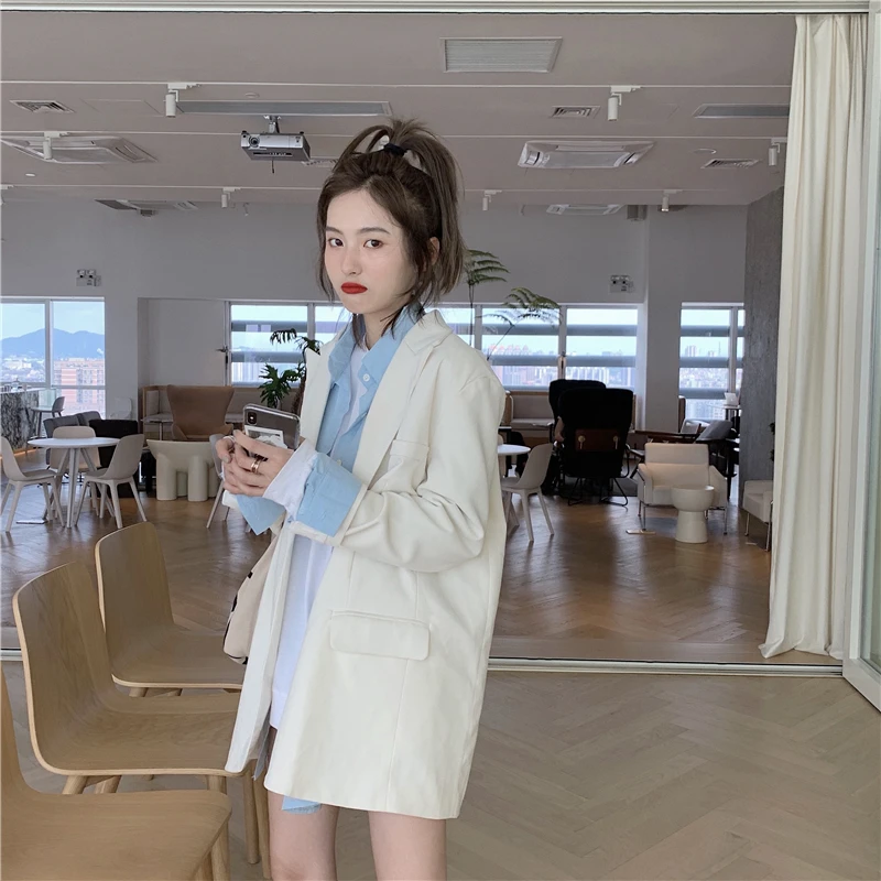 Autumn Clothing Korean-style Wear Stacked Versatile Long-sleeved Shirt+ Loose-Fit Long Sleeve Pure T+ Loose-Fit Suit Jacket-St