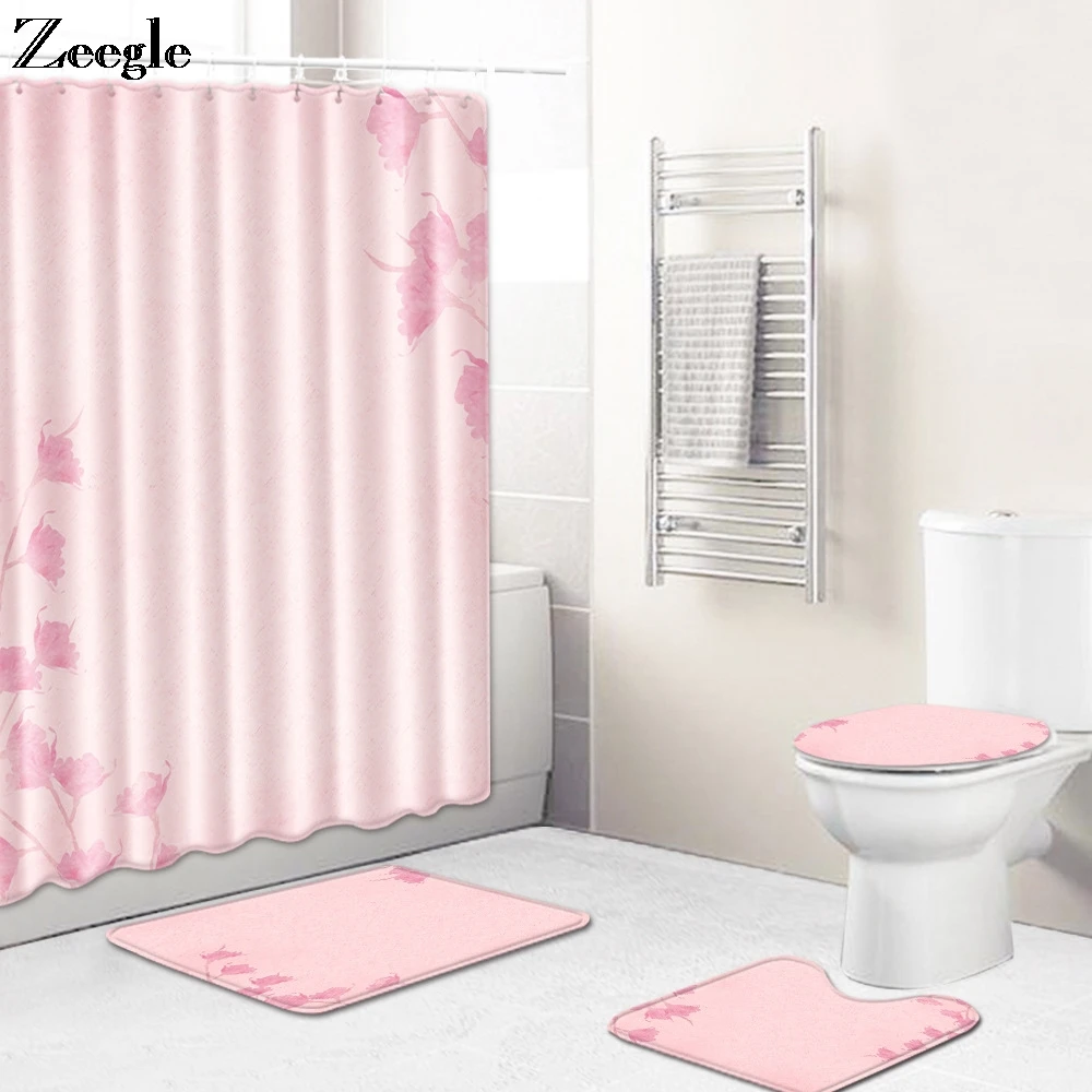 Zeegle 4pcs Bath Mat Set Flannel Toilet Bathroom Doormat Washable Foot Carpet Toilet Shower Curtain Lid Toilet Cover Toilet Set
