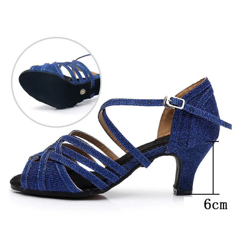 Для женщин профессиональная танцевальная обувь для бального зала танцевальная обувь Для женщин ча-ча, сальсы и латинских танцев обувь Обувь на высоком каблуке 5/6/8 см - Цвет: Blue 6cm A