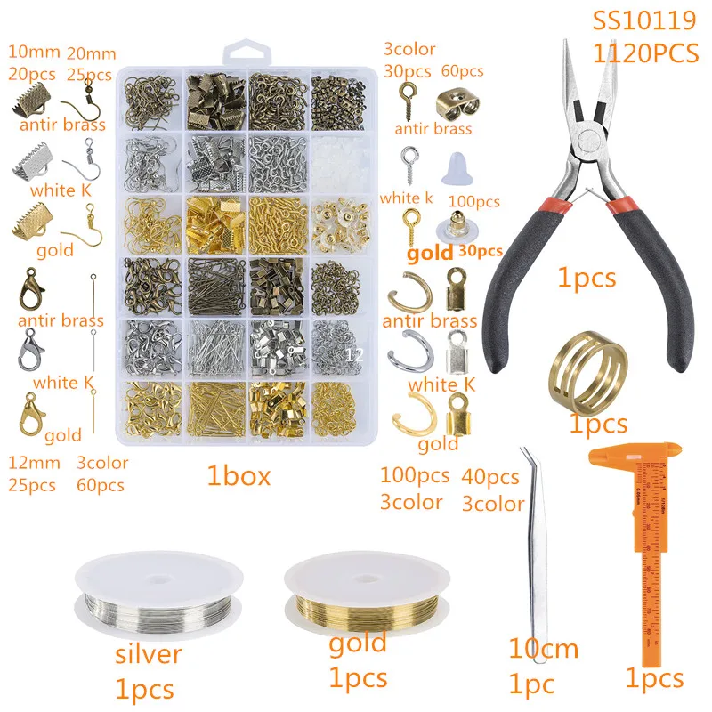 

1120pcs of jewelry hand accessories, opening ring, lobster clasp,earring hook, tool pliers, ruler, copper wire crystal line pin