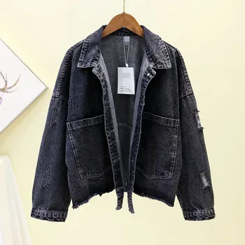 

Spring Autumn Black Denim Jacket New Loose Large Size Bf Rivet Beads Ins Short Jean Jacket Girls Ladies Ripped Tassel Jean Coats