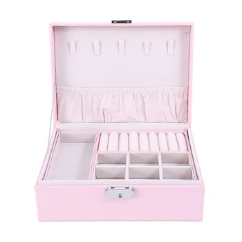 

Jewelry Box Travel Portable Home 2 Layers Display Tray Storage Organizer Safety Lock PU Leather Durable Necklace Ring Exquisite