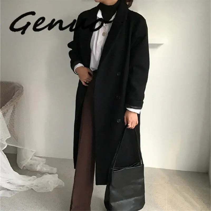 Genuo Новое корейское шикарное пальто женское модное шерстяное уличное пальто весеннее теплое Новое однотонное длинное женское универсальное пальто размера плюс