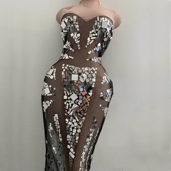 

New Flashing Silver Sequins Black Transparent Net Dress Women Dancer DS DJ Show Outfit Girl Dance Bar Costumes