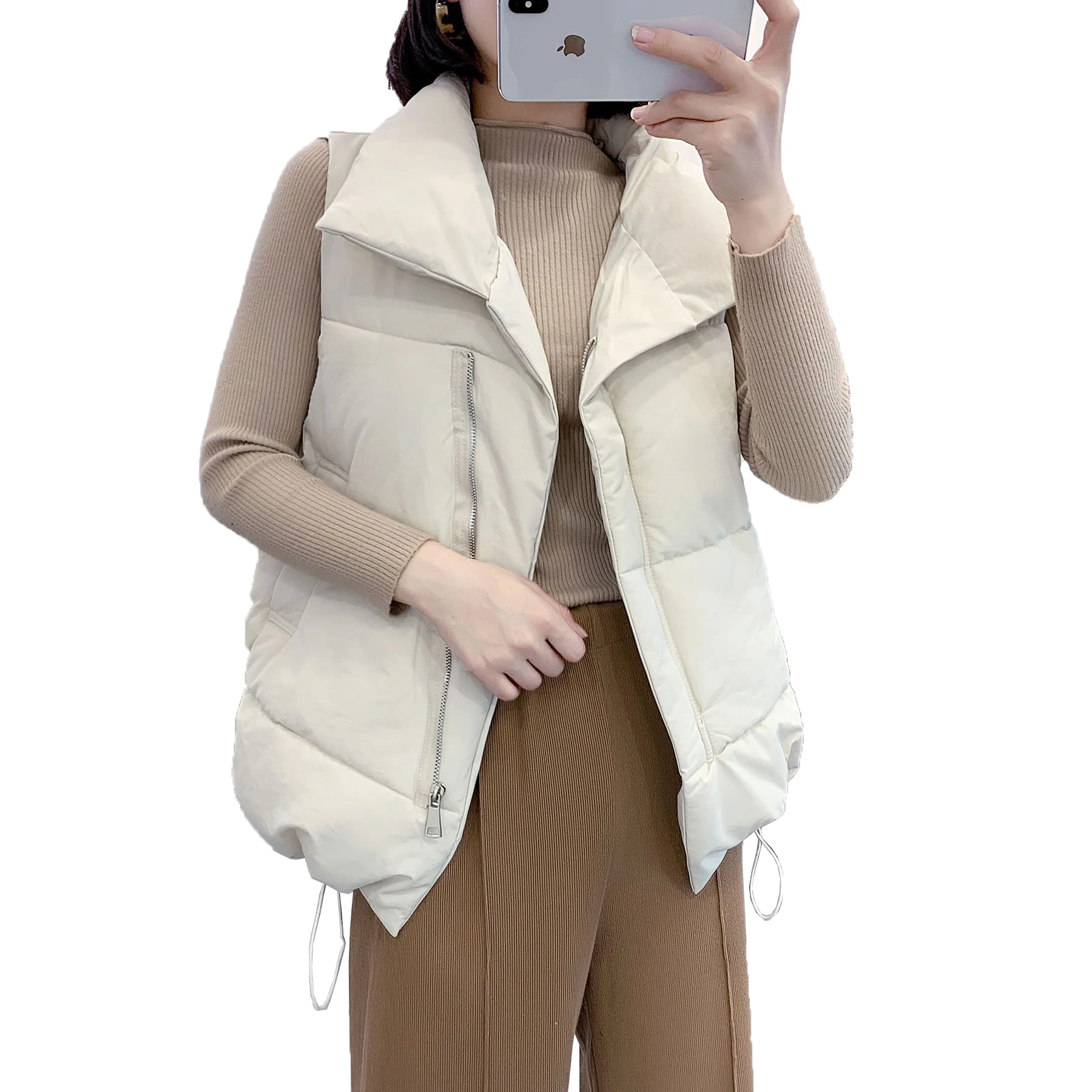 Warm Waistcoat Women Streetwear Sleeveless Tops Autumn Winter Sleeveless Turndown Collar Zipper Vest Ladies Fashion Outwear