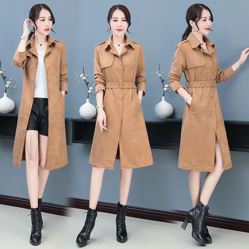

WOMEN'S Dress Boutique 2020 Spring And Autumn Chamois over-the-Knee Long Trench Coat 6890