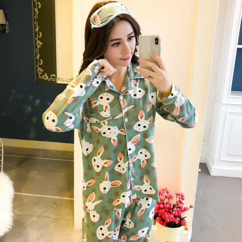

Eye mask autumn Women Comfortable Cotton Pajama Set Girl Printed Long Sleeve Sleepwear Set Women Nightshirt Sets Long Pant Party