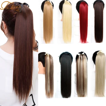 

TALANG Black Long Straight Synthetic Clip in Drawstring Ponytail Hairpieces for Women Hair Extension Heat Resistant Fiber
