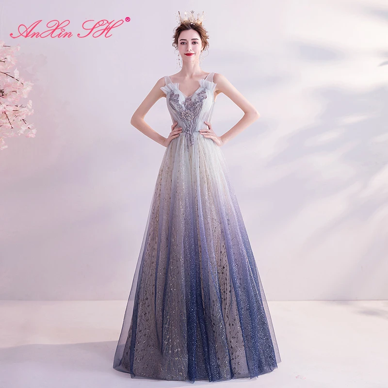 

AnXin SH princess Romantic stage performance v neck sleeveless beading crystal host starlight blue lace star evening dress 2266