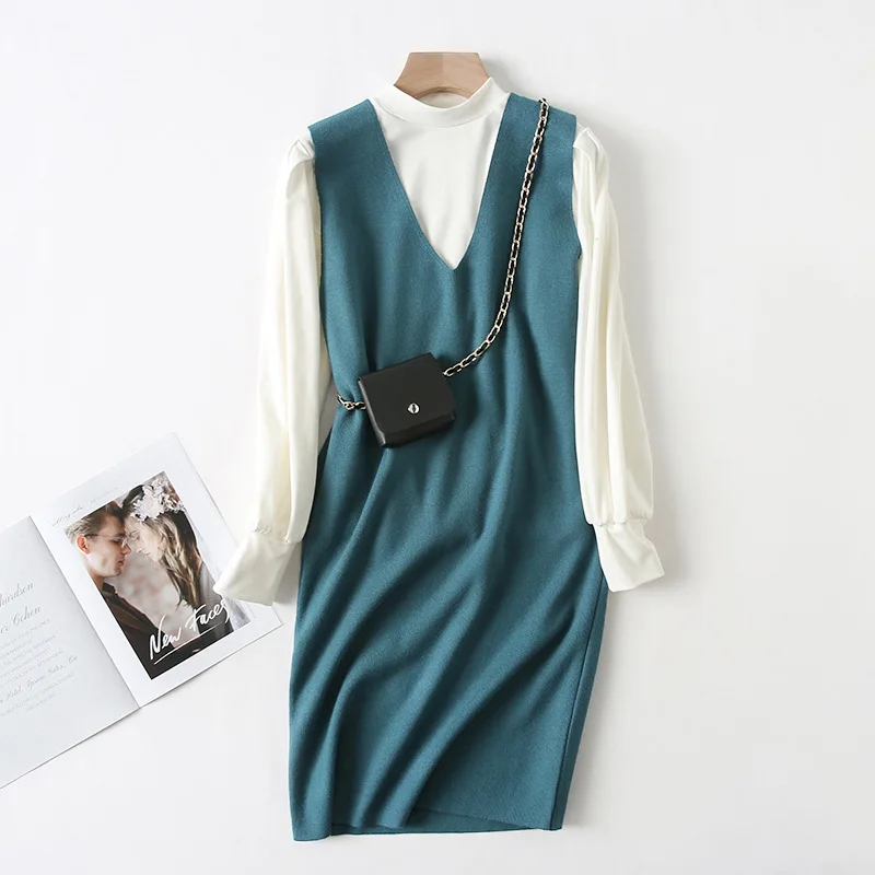

One's 2019 New Style Autumn Wallet Knit Base V-neck Vest Waistcoat Dress Two-Piece Set Entity
