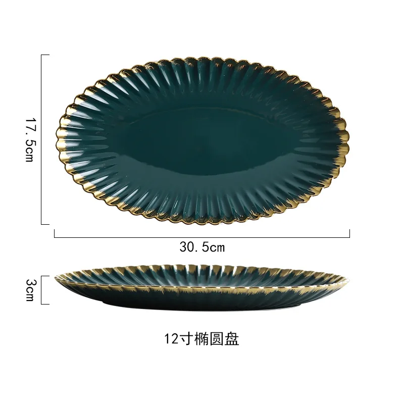 Plate Ceramic Gilt Chrysanthemum Dish European Bowl Creative Retro Dark Green Tableware Home Steak Plate Soup Bowl Salad Bowl