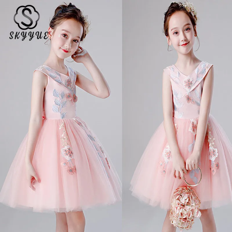 Skyyue Flower Girl Dress for Wedding Pink Lace Flower Embroidery Tulle Communion Gown V-Neck Kids Party Dresses DK1718