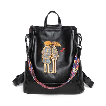 

Women Female Anti-theft Backpack Classic Sheepskin Embroidery Backpacks Canta Fashion Shoulder Bag Vintage Travel Rucksack