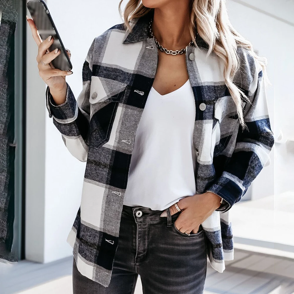 Blusa de manga larga con estampado a cuadros para primavera y otoño, camisa elegante con estampado de solapa y botones casuales para mujer, para oficina y fiesta