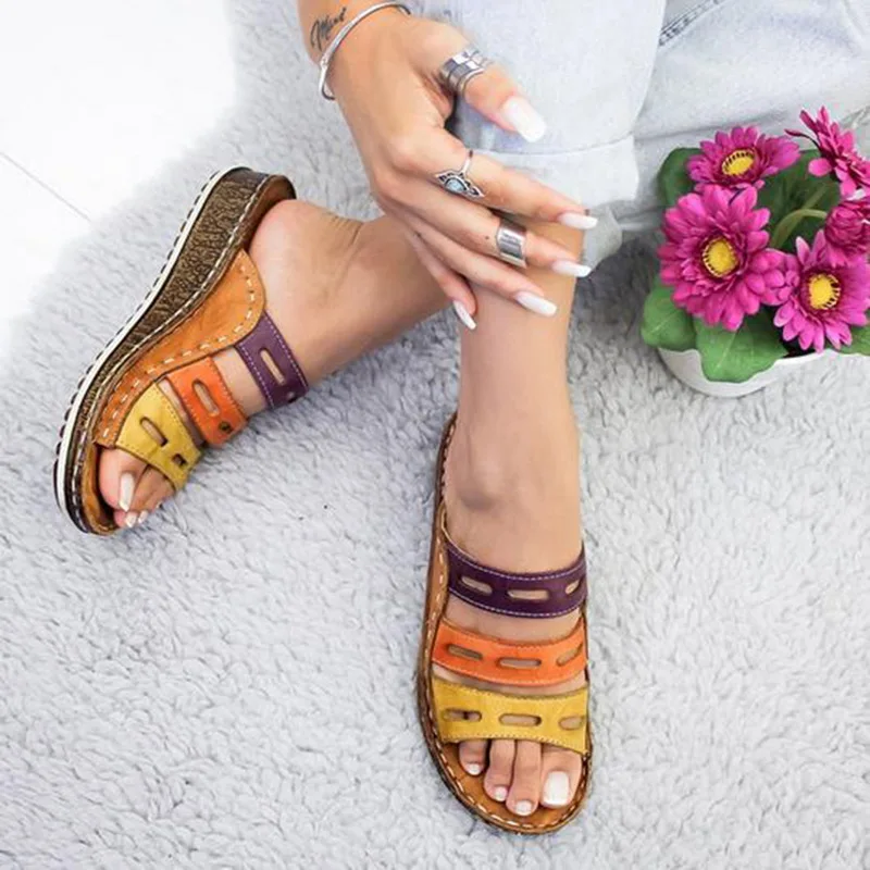 Dropshipping Leather Wedges Shoes Women Flat Heels Sandals Casual Summer Shoes Flip Flop Femme Platform Sandals - Цвет: Brown B