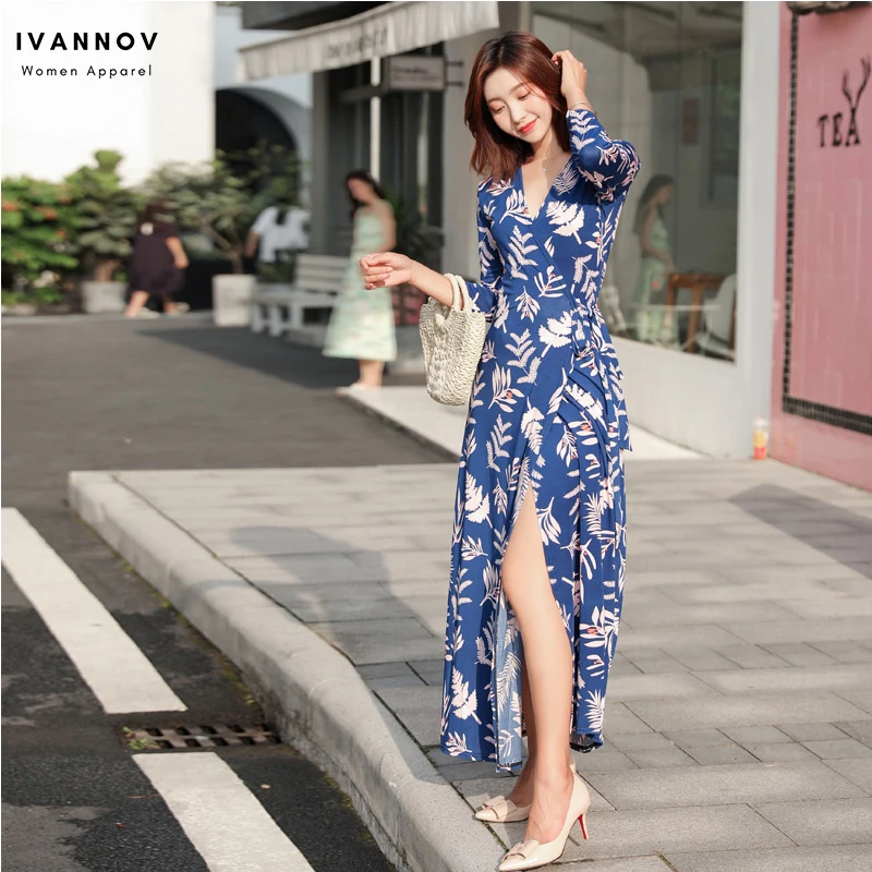 

Women Wrap Dresses Bohemian Beach DV Floral V-neck Three-quarter Sleeve Ankle-length Split Lace-up Slim Waist Clothing