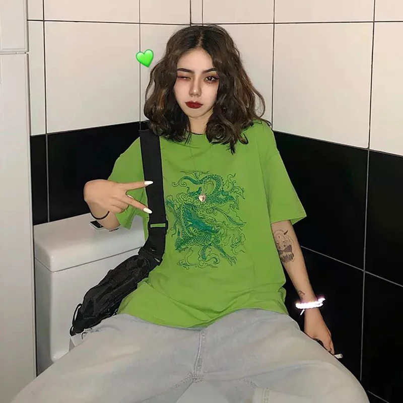 

Harajuku Vintage T-shirt Women Cotton Fun Dragon Punk Short Sleeve Tops Tees Streetwear Girl Vegan Gothic Mesh Top Shirt
