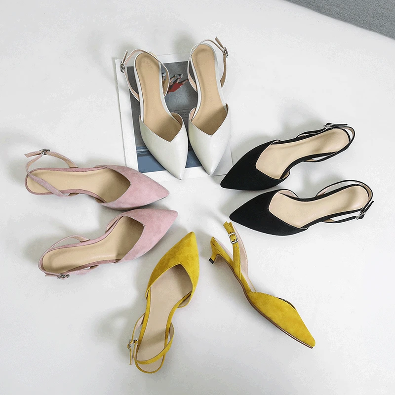 

2019 Summer New Style Korean-style Semi-Closed-toe Kitten Heel Thin Heeled Sandals Women's Genuine Leather Versatile Pointed-Toe