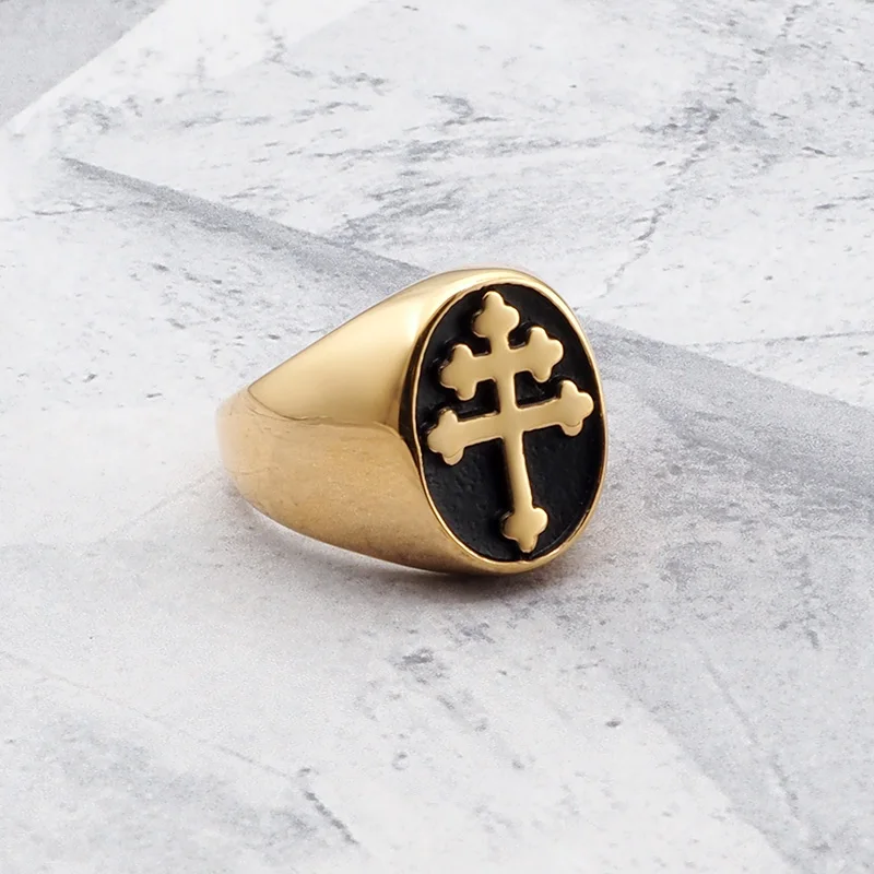 

Free Shipping Gothic 316L Stainless Steel Gold-Color Plated Men's Classic Lorraine Cross Signet Ring Jewelry For Friend Gift