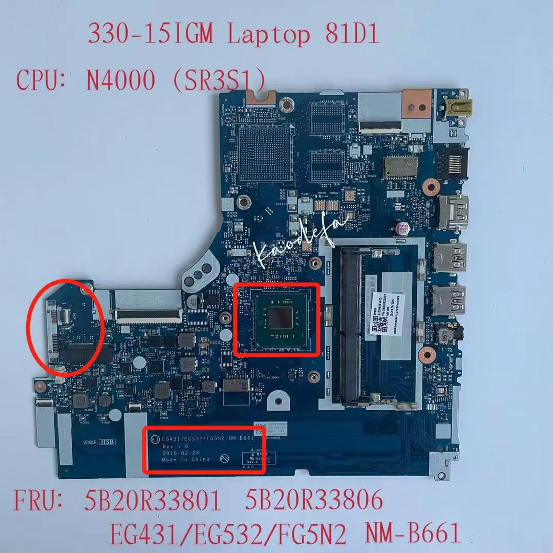 Placa-mãe do Portátil para Ideapad Nm-b661 Mainboard 33015igm 81d1cpu N4000 Sr3s1 Uma Ddr4 Fru:5b20r33801 5b20r33806 Teste de 100 ok