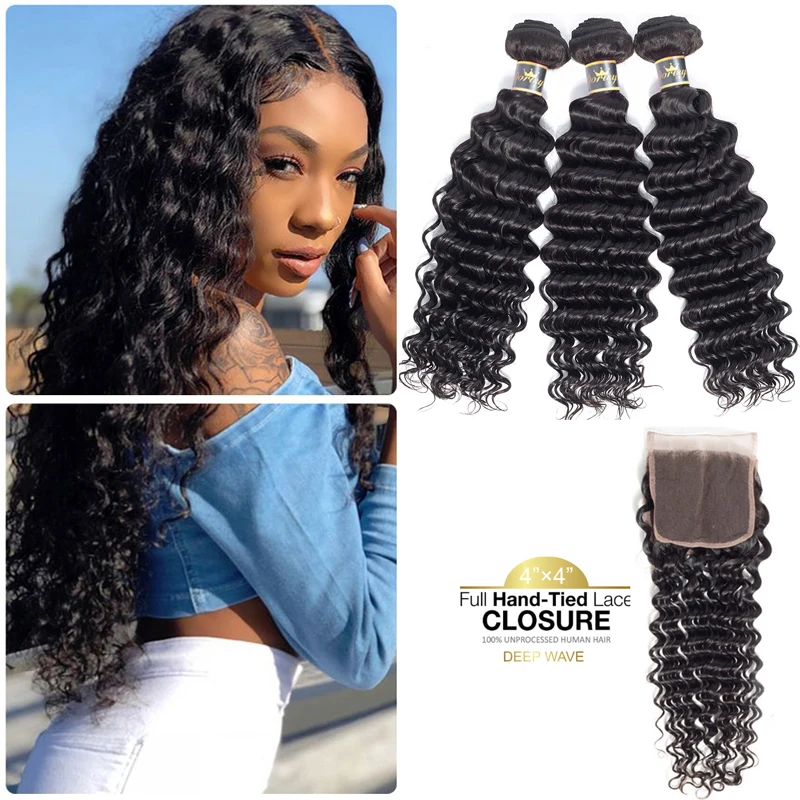 

Deep Wave Bundles With Closure Human Hair Bundles With Closure Brazilian Hair Weave Bundles Dorisy Non Remy Hair Extensions