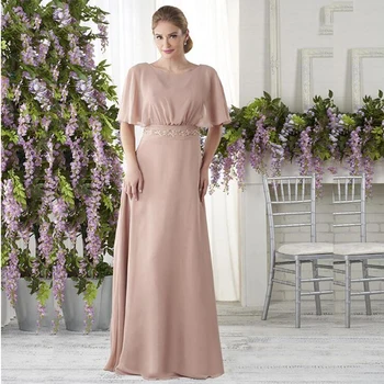 

Latest Arrival Dusty Rose Chiffon Half Sleeve Mother of the Bride Dresses Jewel Neck Beaded Wedding Guest Gowns 2020 New