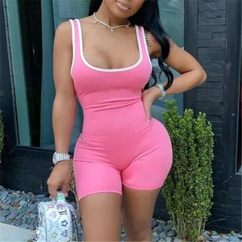 

Solid Color Lady Playsuit New Summer Slim Bodycon Shorts Jumpsuit Female Sleeveless Leotard Stretch Casual Bodysuit Femme Romper