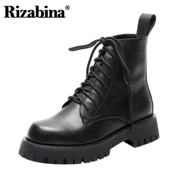 

Rizabina Women Genuine Leather Ankle Boots Round Toe Low Heel Lace Up Solid Color Cool Shoes Punk Style Footwear Size 33-40
