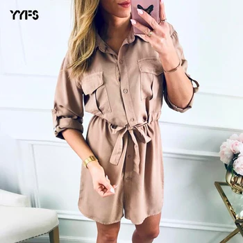

Shirt Dress Women 2020 Summer Casual Fashion Office Lady Solid Green Button Turn Down Collar Mini Dresses Sashes Ladies Vestido