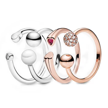 

2019 Autumn 925 Sterling Silver Rings Polished&Pavé Bead&Sparkling Hearts Open Rings for Women Engagement Jewelry Anniversary