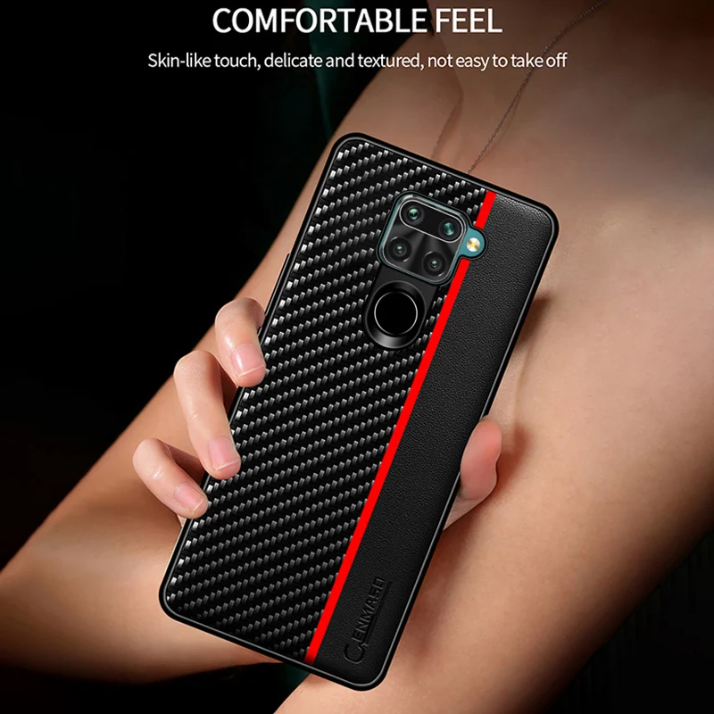 Кожаный чехол Cenmaso для Xiaomi Redmi Note 9 из углеродного волокна с полной защитой задняя