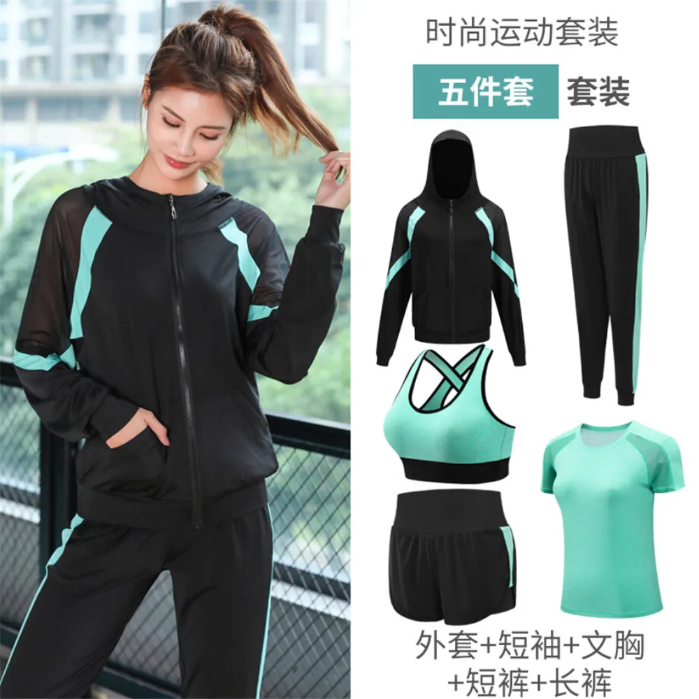 women yoga sportswear clothing set coats+t shirt+bra+shorts+pants fitness gym mesh suit quick dry outdoor running sets
