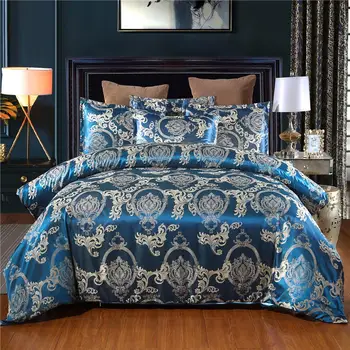 

45 Silky Satin Bed Linens Set Pillowcase Jacquard Flower Soft Bedclothes Bed Duvet Cover Set Adults Blue Bedding Set Twin
