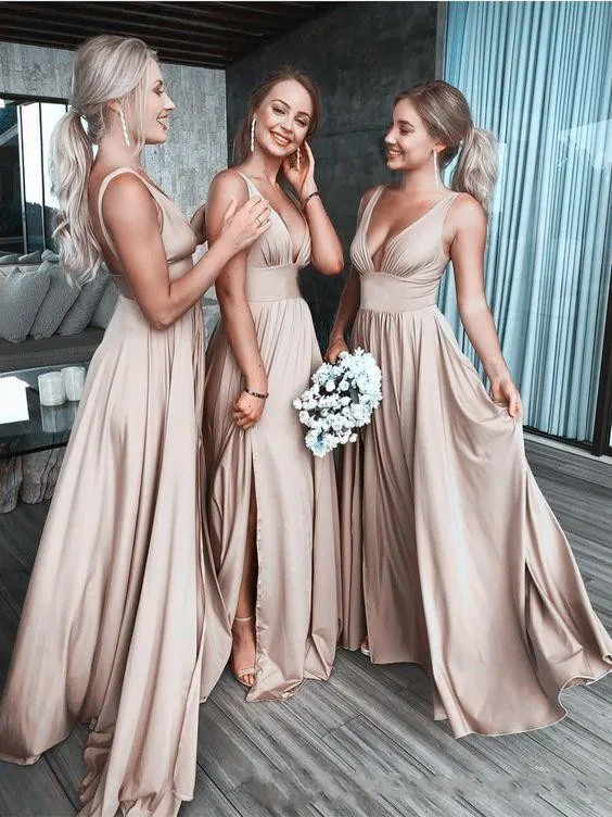 Vestidos de dama de Honor con escote triangular, traje bohemio de dama Honor con abertura lateral la playa, color champán, para invitados de boda|Vestidos para dama de honor| - AliExpress