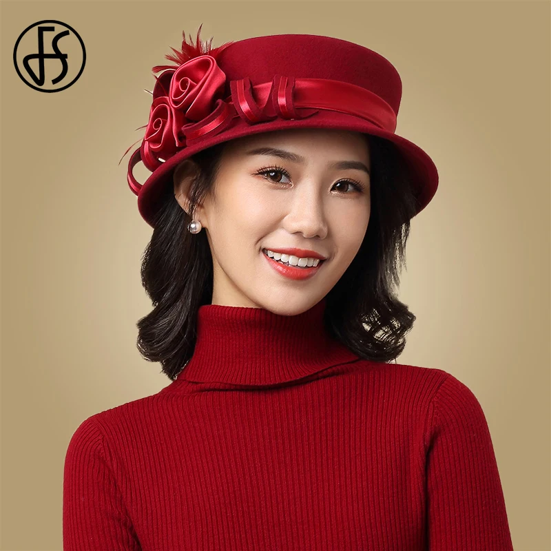Женская шерстяная шляпка FS черная или винно красная с перьями и цветочным