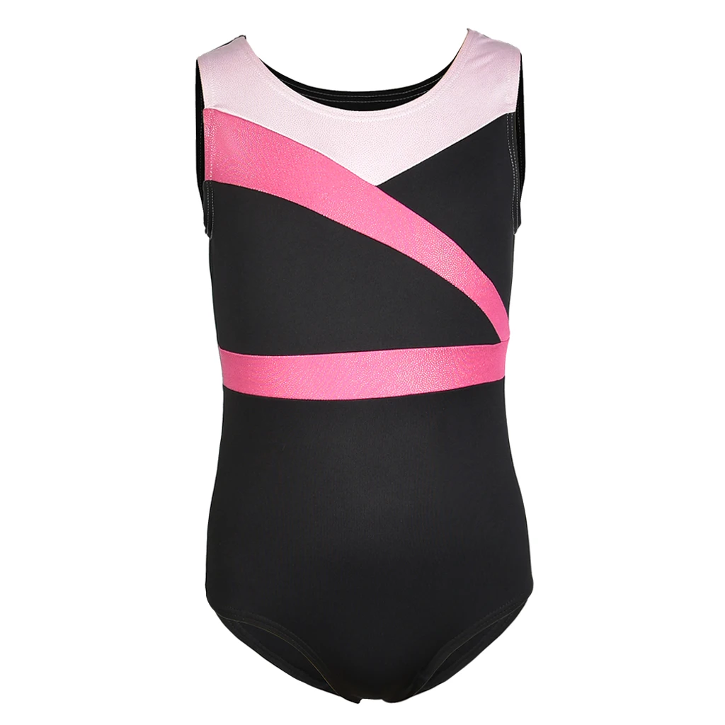 Kids Girls Shiny Gymnastics Ballet Dance Leotards Sleeveless Black Pink Spliced Design Stretch Sport Gym Costume