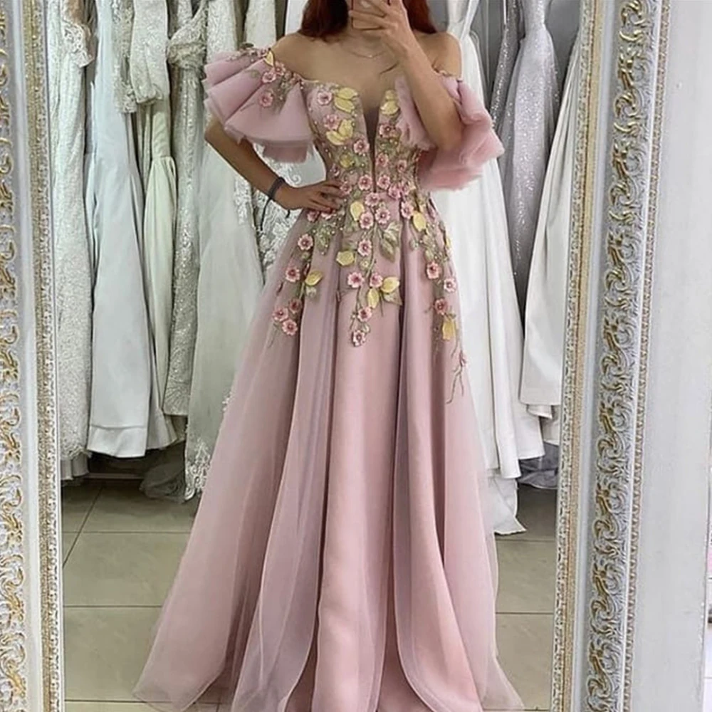 Pink Tulle Colorful Applique 3D Flower Evening Dresses Off Shoulder Ruffles Lace Up Formal Party Prom Dress فساتين السهرة robes