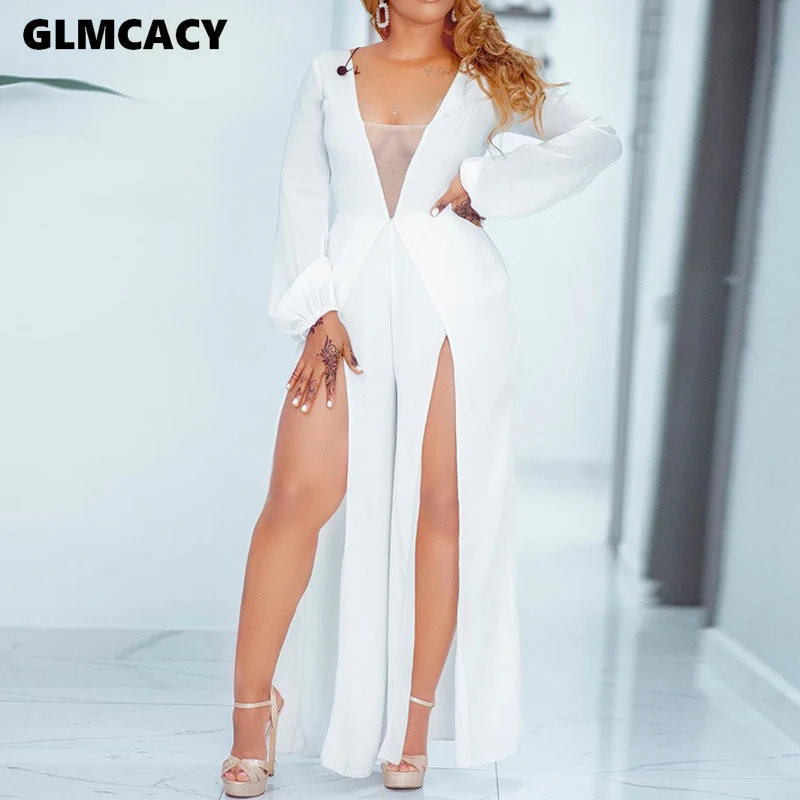 

Women Sexy Deep V-neck Patchwork Puff Sleeve Jumpsuits Streetwear Solid See Through Loose Long Sleeve Split Women Jumpsuits