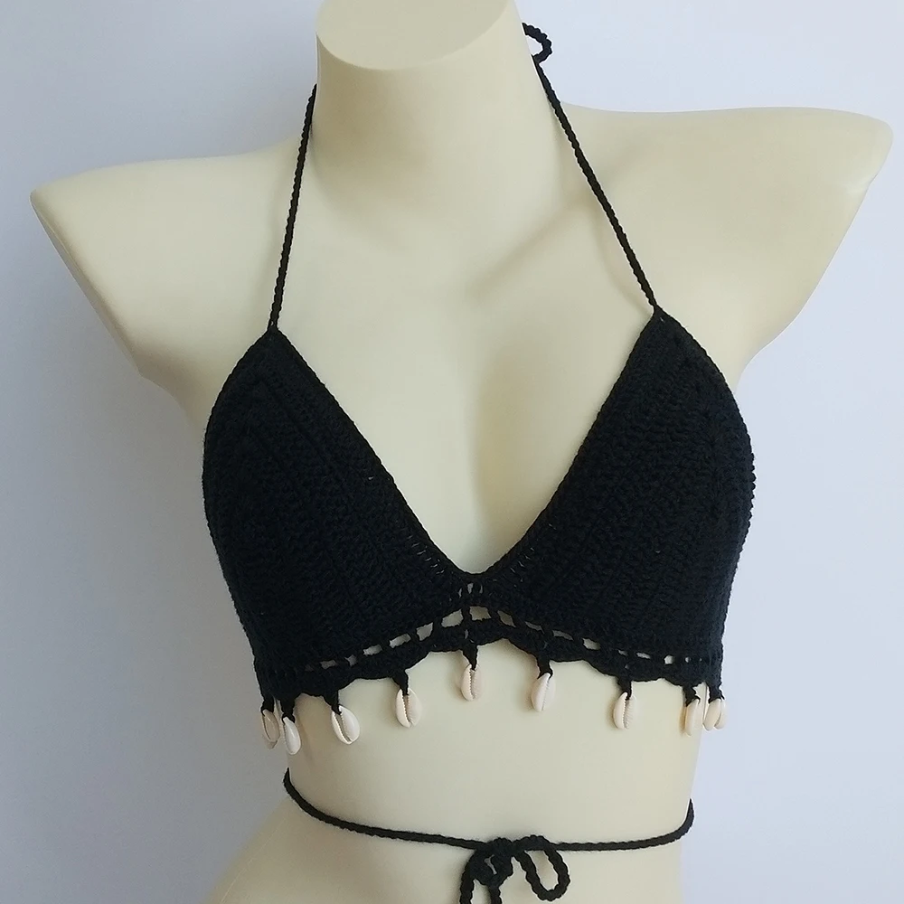 New White Women's Bikini Top Handmade Black Crochet Shell Tassel Bikini Sunbathing Beach Spa Khaki Swimsuit Bra