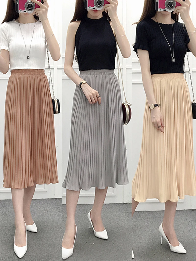 2020 Women pleated skirt high waist casual chiffon skirt female fashion cute spring summer elegant midi skirt women new DR1464 (2)