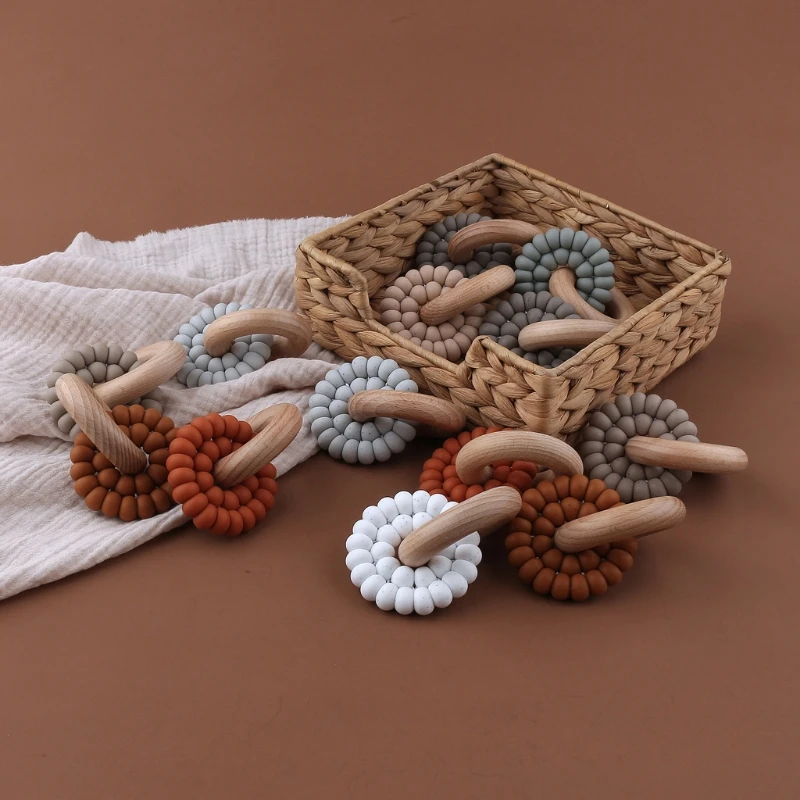 US $134.00 Baby Silicone amp Natural Wooden Teether Ring Infant Bangle Teether Toys Develop Sensory Skills Montessori Toy