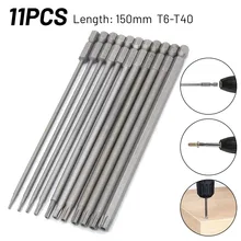 

11pcs 150mm Long Magnetic Torx Screwdriver Bits Flat Head Tamper T6-T40 Drill Bit Set Hand Tool For Electric Drill Screwdriver