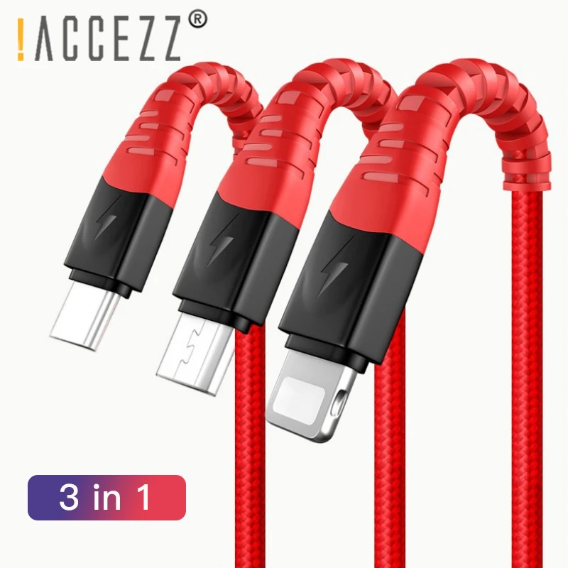 ACCEZZ нейлон 3 в 1 кабель для передачи данных Micro usb type C Зарядка для iPhone 7 8 Plus X XS XR мобильный телефон для samsung S10 зарядный кабель