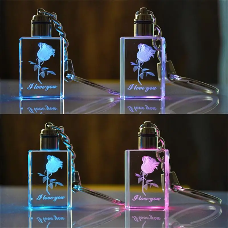 

1Pc Car Keychain Fairy Heart Crystal Rose Flower Crystal LED Light Charm Square Key Chain Ring Keyring