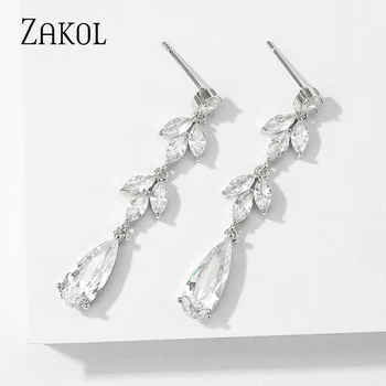 

ZAKOL New Arrival 3 Color Teardrop Cubic Zircon Long Earrings Leaves BridaL Jewelry Female Wedding Active Dangle Style Gifts