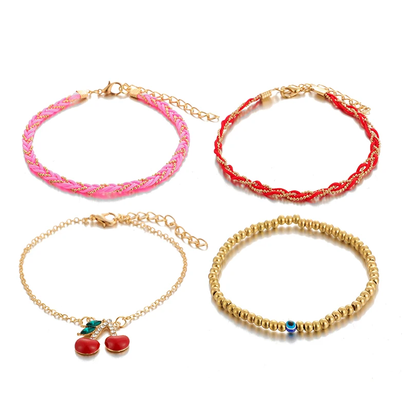 Tocona Boho 4 шт./компл. из бисера из ювелирных изделий из ножной браслет Прекрасный Вишневый цветной веревки босоножки, браслеты на ногу для Для женщин, ювелирное изделие, подарок 9000 - Окраска металла: 9000
